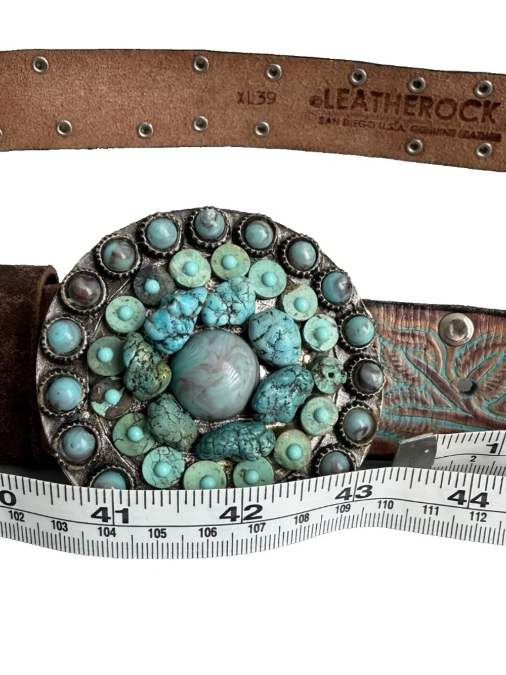 Leatherock Floral Tooled Leather Belt XL 39 Turquoise Removable Buckle Western